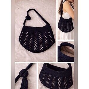 Navy Gold Metallic Crochet Shoulder Bag Open Knit Hobo Purse Boho Y2K Slouchy Ha